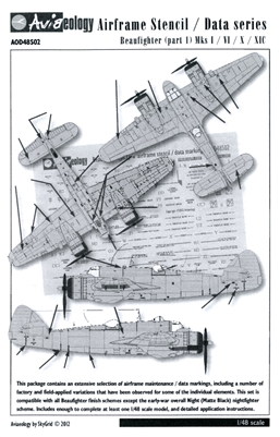 Aviaeology AOD48S02 - Beaufighter (Part 1) Mks I / VI / X / XIC Airframe Stencil / Data Series