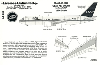 Liveries Unlimited A4-053 - US Air 767-200ER (1/144 decal)