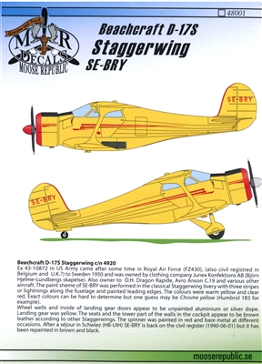 Moose Republic 48001 - Beechcraft D-17S Staggerwing SE-BRY