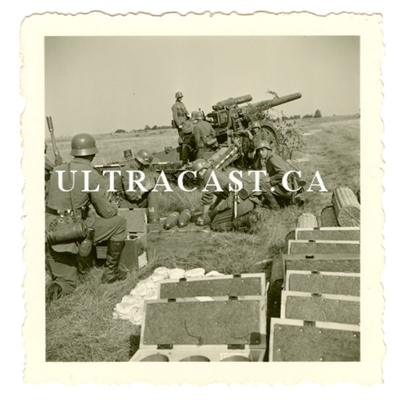 15 cm German Artillery Gun and Crew with Shells & Cartridge Boxes, Original WW2 Photo