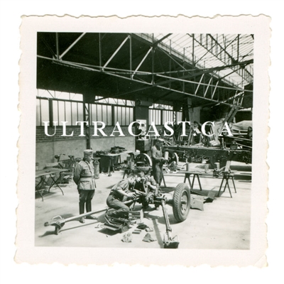3.7 cm Pak Anti-Tank Gun and Mechanics in Maintenance Building, Original WW2 Photo