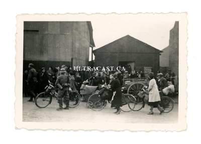 German Soldier with Bicycle and French Refugees, France 1940, Original WW2 Photo