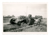 German Soldier Posing beside Destroyed French Char B Tank named Villers Bretonneux No. 402, France 1940, Original WW2 Photo