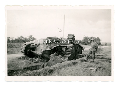 German Soldier Posing beside Destroyed French Char B Tank named Villers Bretonneux No. 402, France 1940, Original WW2 Photo