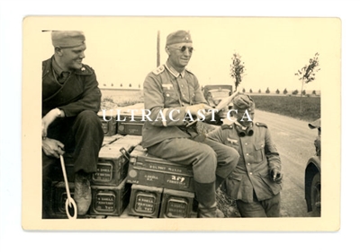German Soldiers Sitting on Captured British Metal Ammunition Boxes, France 1940, Original WW2 Photo