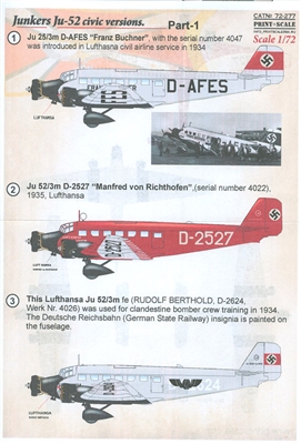 Decal 1/72 for Junkers Ju-52 civil versions, Part 1 Print 